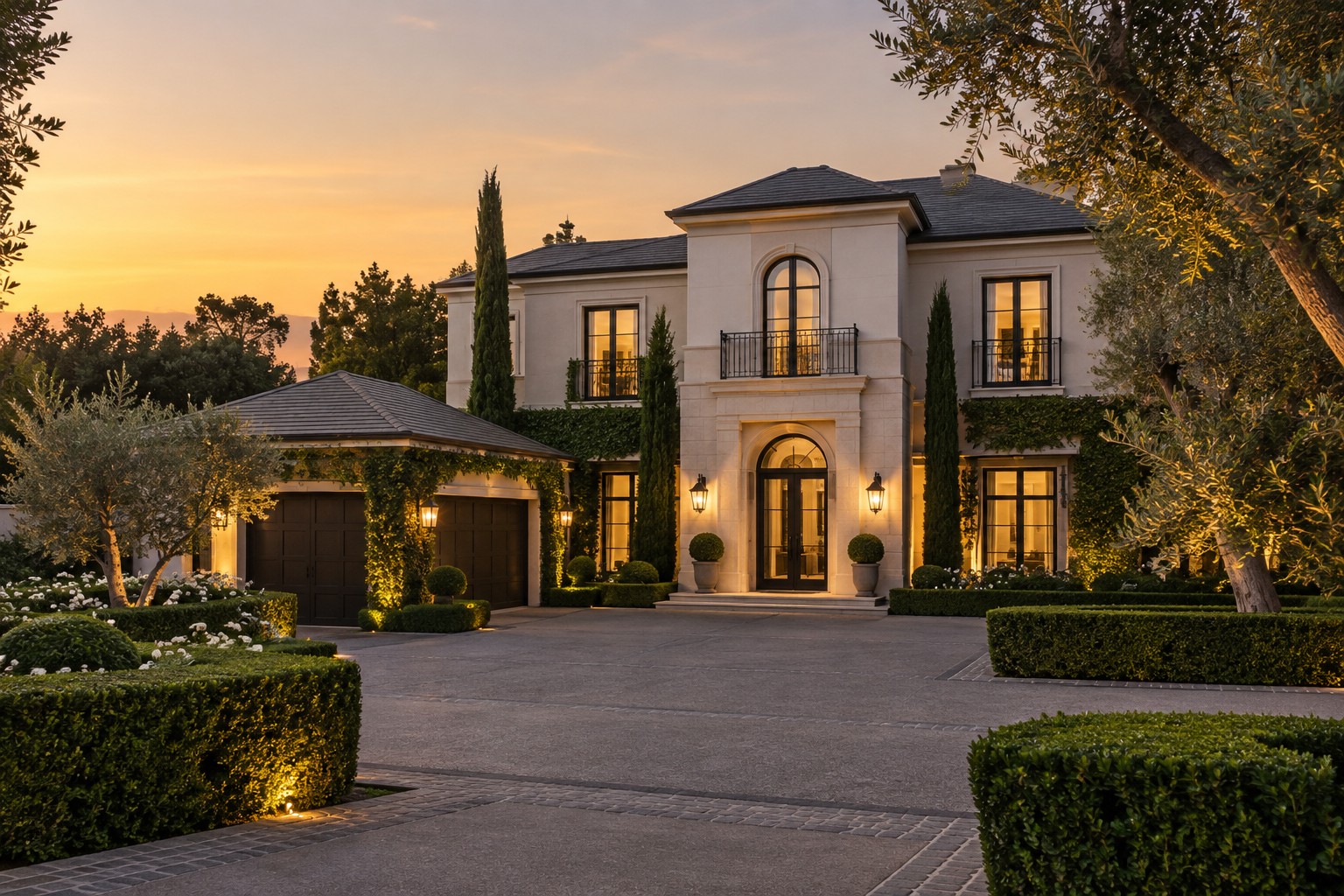 A Los Angeles Westside estate home at golden hour, illustrative
