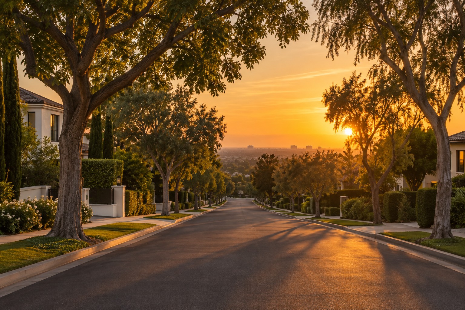 A Los Angeles Westside street at sunset, illustrative